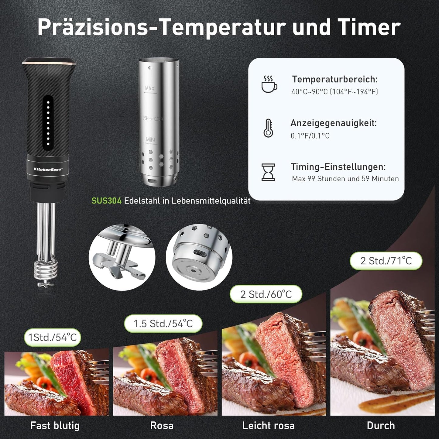 KitchenBoss Sous Vide Garer Stick WiFi:Sous Vide Stab Wi-Fi Präzisionskocher Immersion Tauchzikulator App-Steuerung IPX7 Wasserdicht Ultra-leise LED Touch Display 1100W 40℃-90℃